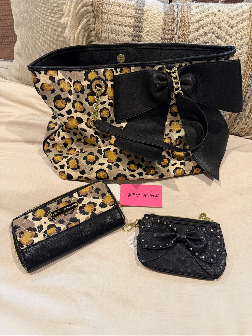 Vintage Betsey Johnson Leopard Tote Black Bow & Matching Wallet & Coin Purse SET